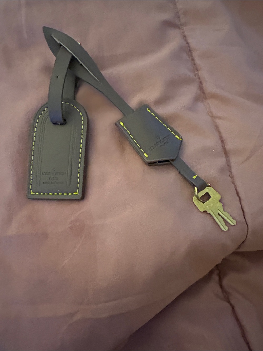 Louis Vuitton Brown Leather Luggage Tag and Key Holder with Yellow Stitching